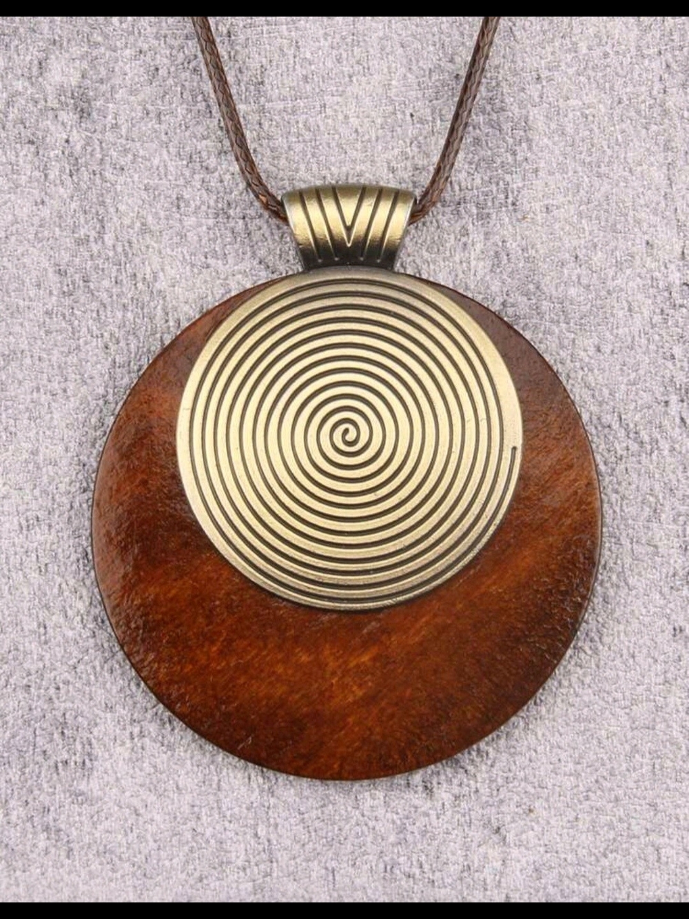 Brown Wooden Circle Pendant Necklace with Gold Spiral Accent